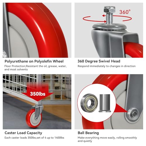 5'' Stem Caster Wheels, Replacement Polyurethane Shopping Cart Wheels for Cart, Heavy Duty Swivel Industrial Casters Set of 4 with Load 1400lbs (4 Swivel) - style: 5 inch Red