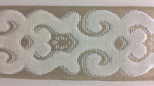 3.5" Woven Trim Tape with Velvet Embroidery H-1109/4 Cream, Navy Blue & French Blue Sold By The Yard Upholstery/Drapery