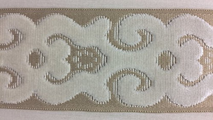 3.5" Woven Trim Tape with Velvet Embroidery H-1109/4 Cream, Navy Blue & French Blue Sold By The Yard Upholstery/Drapery