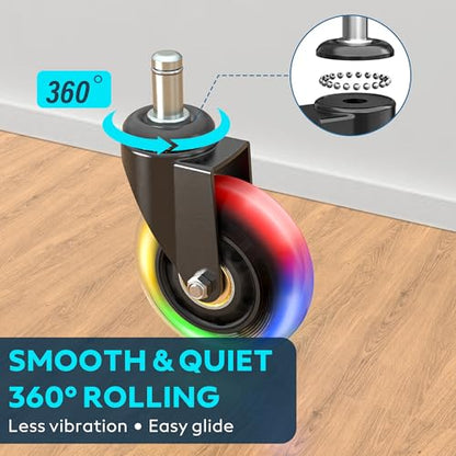 WEWILL RGB Chair Caster Wheels, Self-Lit No Batteries, 3" PU Rubber (5-Pack), Heavy Duty 325kg/715lb, Universal 11x22mm Stem, Quiet for Carpet/Hardwood (Not IKEA) - color: Colorful