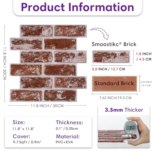 3D Peel and Stick Faux Brick Wall Panels 11.8" x 11.8" 10-Pack - color: Brick-SM-Q