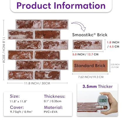 3D Peel and Stick Faux Brick Wall Panels 11.8" x 11.8" 10-Pack - color: Brick-SM-Q