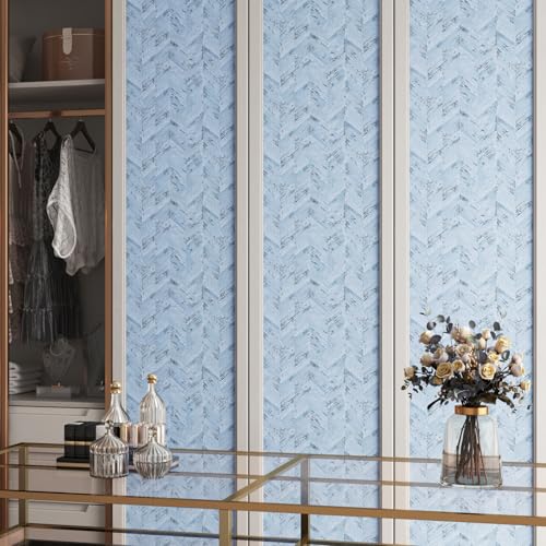 Livelynine Blue Fabric Wallpaper Peel and Stick Prepasted Herringbone Faux Grasschloth Wall Paper for Bathroom Bedroom Waterproof Contact Paper for Walls 15.8x78.8 Cabinet Vinyl Wrap Grey White - size: 15.8" x 78.8"