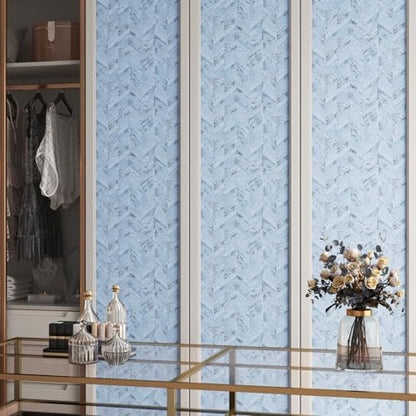 Livelynine Blue Fabric Wallpaper Peel and Stick Prepasted Herringbone Faux Grasschloth Wall Paper for Bathroom Bedroom Waterproof Contact Paper for Walls 15.8x78.8 Cabinet Vinyl Wrap Grey White - size: 15.8" x 78.8"