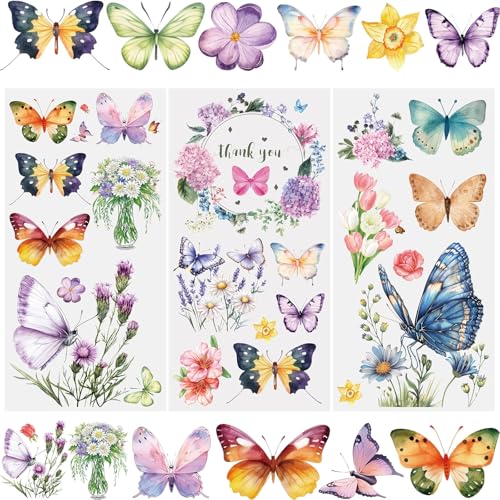 WANDIC 3 Sheets Rub On Transfer Stickers, Butterfly Flowers Waterproof Decals Furniture Craft Decorative for DIY Scrapbooking Photo Albums,15 * 30cm - color: Butterfly Flowers