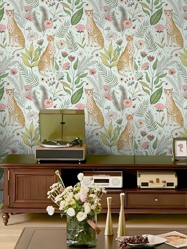 Floralplus Wallpaper Peel and Stick Jungle Leopard Wallpaper - color: Mint Green, size: 17.5" x 118"