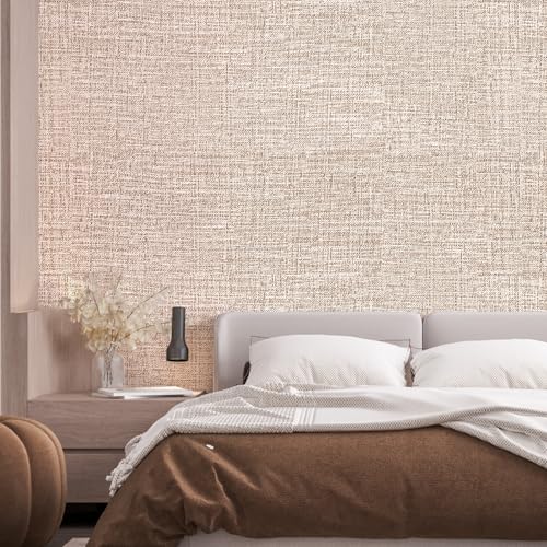 Khaki Grasscloth Peel and Stick Wallpaper 17.3"x1200" Faux Linen Textured Contact Paper Removable Self Adhesive Vinyl Wallpaper for Bedroom Bathroom Kitchen Cabinets - color: Khaki, size: 17.3" x 1200"