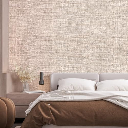 Khaki Grasscloth Peel and Stick Wallpaper 17.3"x480" Faux Linen Textured Contact Paper Removable Self Adhesive Vinyl Wallpaper for Bedroom Bathroom Kitchen Cabinets - color: Khaki, size: 17.3" x 480"