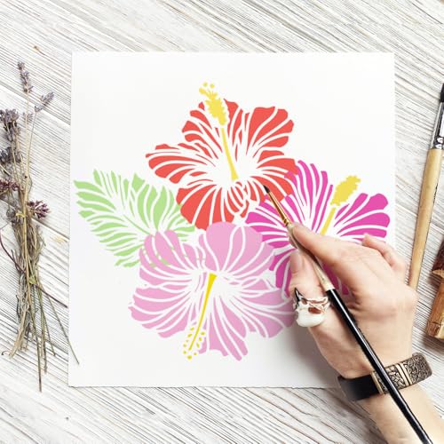 FINGERINSPIRE Hibiscus Stencils with a Brush 11.7x8.3Inch Flowers Painting Stencils Hibiscus Leaves Pattern Stencil Plant Themes PET Template for Painting on Wood Floor Tile Wall Fabric DIY - color: Hibiscus