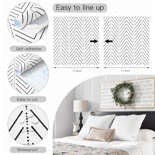 Black and White Wallpaper Striped Contact Paper Modern Wall Paper Peel and Stick Herringbone Renter Friendly Self-Adhesive Waterproof Removable Bathroom Bedroom Vinyl 17.3" x 78.7" - color: White and Black, size: 17.3" x 78.7"