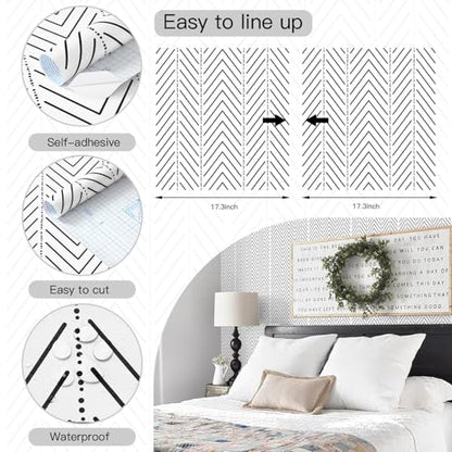 Black and White Wallpaper Striped Contact Paper Modern Wall Paper Peel and Stick Herringbone Renter Friendly Self-Adhesive Waterproof Removable Bathroom Bedroom Vinyl 17.3" x 78.7" - color: White and Black, size: 17.3" x 78.7"