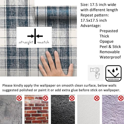 Livelynine Blue Plaid Wallpaper Peel and Stick Prepasted Vintage Dark Blue White Gingham Wall Paper Removable Self Adhesive Navy Checkered Contact Paper Waterproof Buffalo Plaid Vinyl Wrap 17.5x78.8" - size: 17.5x78.8 Inch