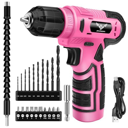 JENABOM 8V Pink Cordless Drill, 3/8" Keyless Chuck, Variable Speed - color: Pink