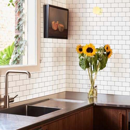 10 Sheets Thicker Design Peel and Stick Backsplash, 12"x12" Peel and Stick Wall Tiles, Subway Look Marble Tiles Backsplash for Kitchen and Bathroom, White - color: White