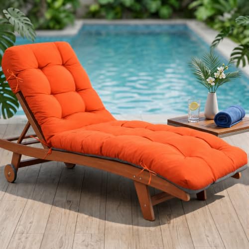 Chaise Lounge Cushions Outdoor Waterproof Lounge Chair Cushion for Outdoor Furniture Thickened Pool Lounge Cushion Replacement Non-Slip with Ties, 71 x 22 x 4.7 Inches, Orange #FX