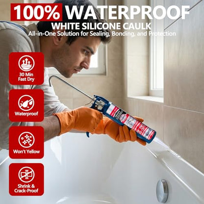 LISRUX Supreme Silicone Caulk for Kitchen & Bathroom, White, 10 fl oz Cartridge, 24 Pack - 100% Waterproof Silicone Sealant, Stronger Adhesion, Shrink & Crack Proof - size: 24P