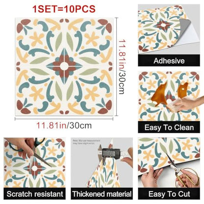 HOMETITUTE Floral Medallion Pattern 12x12 Inch Peel Stick Vinyl Tile - color: Multicolor With Earthy Tones