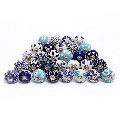 FOLK CRAFT Assorted Door Knobs - Blue Mix Designed Ceramic Cupboard Cabinet Drawer Pulls Brass Steel Door Handle Blue Pottery Chrome Hardware - Set of 30 Pcs - color: Blue Pottery, style: Pack 30