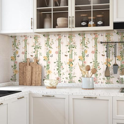 BOKEBEVE Boho Floral Peel and Stick Wallpaper Beige Pink 17.5 x 118In - color: Beige/Pink, size: 17.5" x 118"
