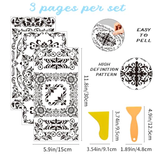 3 Sheets Black Damask Corner Rub on Transfers for Crafts, 12×6in