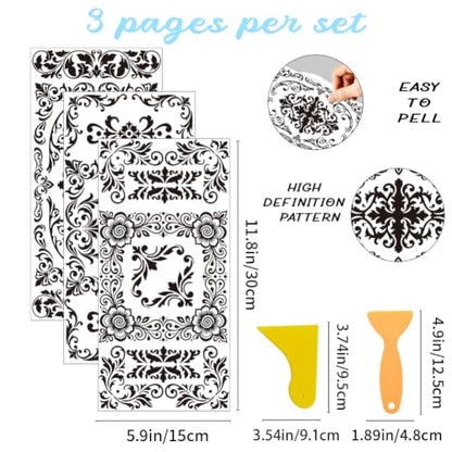 3 Sheets Black Damask Corner Rub on Transfers for Crafts, 12×6in