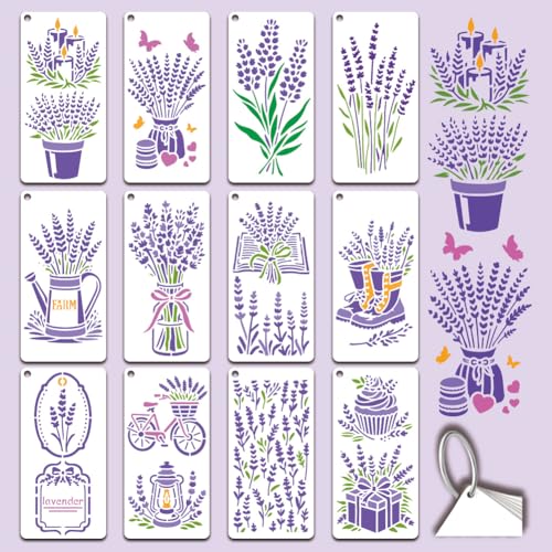 12 Sheets Lavender Stencil for Painting, Vase Bicycle Water Bottle Book Flower Silhouette Drawing Stencil Reusable Plastic Wall Stencils Template for Painting on Wall Wood Home Decor - style: Lavender