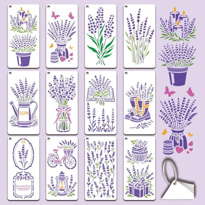12 Sheets Lavender Stencil for Painting, Vase Bicycle Water Bottle Book Flower Silhouette Drawing Stencil Reusable Plastic Wall Stencils Template for Painting on Wall Wood Home Decor - style: Lavender