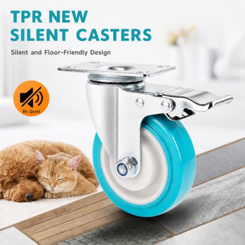 5 Inch Caster Wheels Heavy Duty with Dual-Lock Safety Brake and Rubber Tire Wheels, Heavy Duty - 600 Lbs Per Caster for Workbench, Trolley, Cabinet, TPR Silent Caster 4-Packs with mounting Hardware - size: 5 inch 4 pack