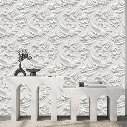 Peel and Stick Wallpaper White Gray Scroll Floral Modern - color: White&Light Gray, size: 17.7" x 78.7"