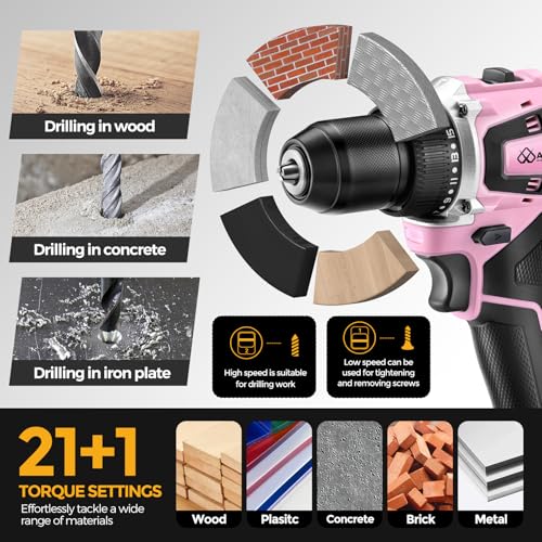 20V Brushless Cordless Drill Set (2-Piece) - Compact Power Drill Driver with 2.0Ah Battery, Power Drill Set with Battery and Charger & 3/8" Keyless Chuck,Pink - color: Pink 2-piece Set