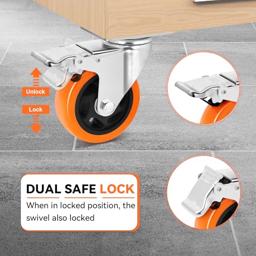 W B D WEIBIDA 4 Inch Swivel Casters with Brake Set of 4 Heavy Duty of 1200 lbs, Safety Dual Locking Plate Castors, No Noise Wheels for Furniture, Workbench and Carts(Nuts & Bolts & 2 Spanners) - size: 4 INCH