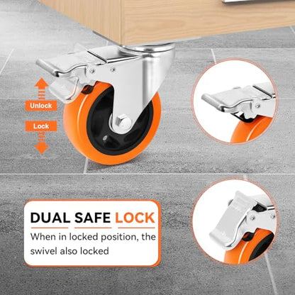 W B D WEIBIDA 4 Inch Swivel Casters with Brake Set of 4 Heavy Duty of 1200 lbs, Safety Dual Locking Plate Castors, No Noise Wheels for Furniture, Workbench and Carts(Nuts & Bolts & 2 Spanners) - size: 4 INCH