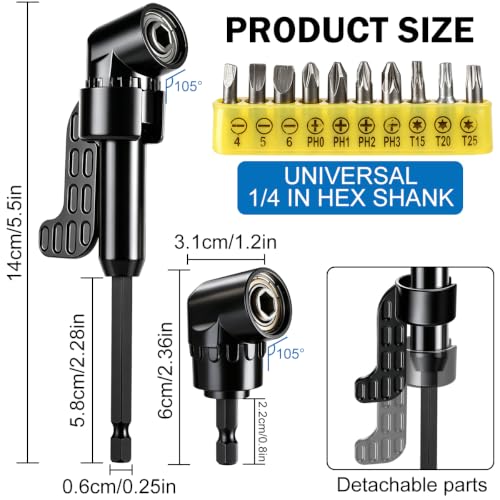 17Pcs Flexible Drill Bit Extension kit,Include 3Pcs Rotatable Socket Adapter,2Pcs Hex Shank 105° Right Angle Drill Attachment 10 Short Screwdriver Bits 90° Angled Bits & Bendable Drill Bit Extension