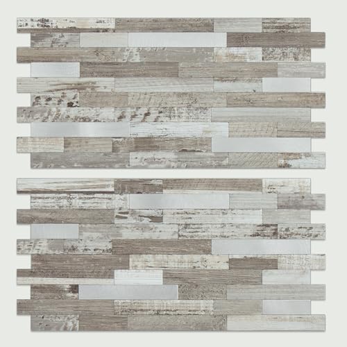 AULIGET Peel and Stick Backsplash, Coffee & Brown Wood Look PVC Mixed Metal Stick on Bathroom Backsplash, 2 - color: Coffee & Brown Wood + Metal Silver, size: 2 Sheets, 6"x12"x0.12"