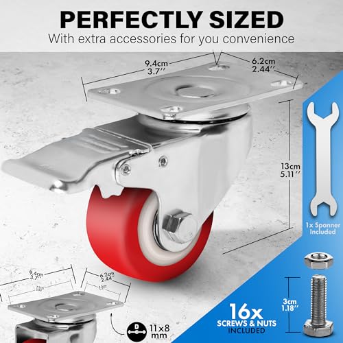 2.5 Inch Caster Wheels Heavy Duty Casters Set of 4, 1500 LBS Load Capacity - color: Red & Silver, size: 2.5 Inch