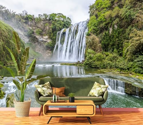 Majestic Green Forest Waterfall Landscape Peel and Stick Wallpaper - color: No.12, size: 80" x 61"