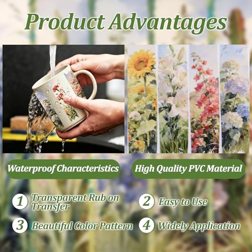 WANDIC 3 Sheets UV DTF Rub on Transfer Stickers for Craft, Elegant Floral Theme Cup Warp Waterproof Decals for Junk Journal Furniture Glass Wood - color: Flower Bookmark