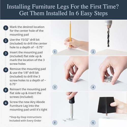 Airy Abode Premium Black Square Furniture Legs (Full Install Kit) - Pick Your Size and Color - color: Black, size: 12 Inches