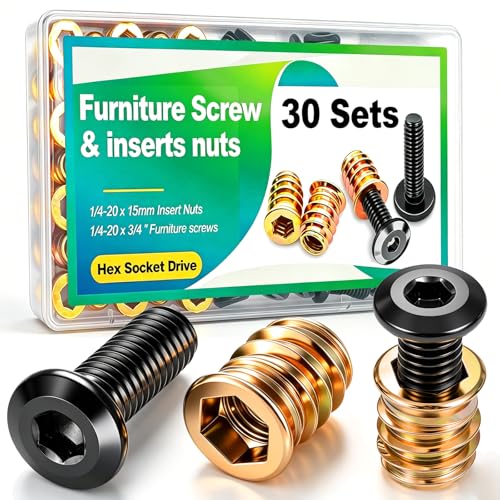 Twidec/30 Sets 1/4-20x15mm Threaded Inserts for Wood Furniture Screw Nut Kit Bolt Fastener Connector with 1/4-20x20mm Screw-in Nuts and Hex Wrench N-083-30set - size: 1/4-20x 15mm