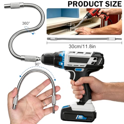 17Pcs Flexible Drill Bit Extension kit,Include 3Pcs Rotatable Socket Adapter,2Pcs Hex Shank 105° Right Angle Drill Attachment 10 Short Screwdriver Bits 90° Angled Bits & Bendable Drill Bit Extension