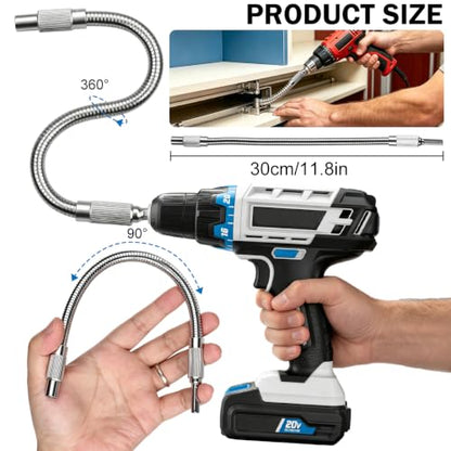 17Pcs Flexible Drill Bit Extension kit,Include 3Pcs Rotatable Socket Adapter,2Pcs Hex Shank 105° Right Angle Drill Attachment 10 Short Screwdriver Bits 90° Angled Bits & Bendable Drill Bit Extension