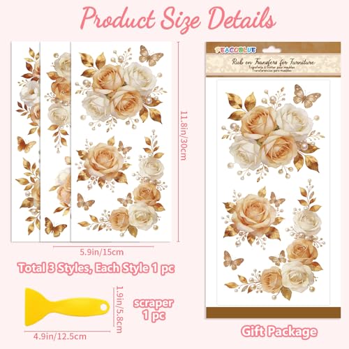 Peacoblue Champagne with Roses Rub On Transfers for Furniture 6"x12" - style: Champagne Flowers with Roses