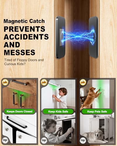 10 Pack Black Magnetic Door Catch, Ultra Thin Cabinet Door Magnets, Adhesive Drawer Magnets to Stay Closed, Stainless Steel Cabinet Latch Easy to Install with Double Sided Tape - size: 10 Sets - Black