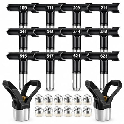 14 pcs Reversible Airless Spray Tips Set for Airless Paint Sprayer(Include 12Tips and 2 Nozzle Seats),for Wall Fence Deck Cabinet and Guns House Painting