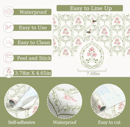 Boho Floral Peel and Stick Wallpaper Green and Pink Self Adhesive Wallpaper - color: Green and Pink