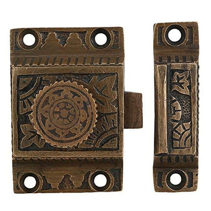 A29 Cabinet Latch, Solid Brass, Antique Brass, Flower Knob - color: Weathered Bronze-F