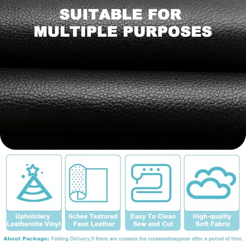 Black Faux Leather Fabric 20"×55" Lychee Grain Upholstery Vinyl - color: Black Lychee Grain, size: 20"x55" (50cm x 140cm)