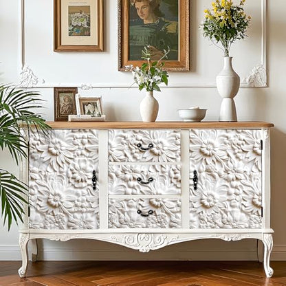 17.5x475 Off White Contact Paper Peel and Stick Floral Wallpaper White Paintable Baroque Art Deco Flower Wall Mural Wallpaper 3D Embossed Wall Paper Peel and Stick Modern for Bathroom Ceiling - size: 17.5" x 475"