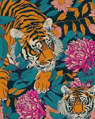 BOKEBEVE Tiger Floral Wallpaper Peel n Stick Vintage Orange 17.5 x 393.5In - color: Orange/Pink/Blue, size: 17.5" x 393.5"