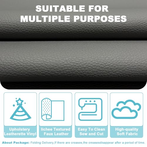 Grey Faux Leather Fabric 20"×55" Lychee Grain Upholstery Vinyl - color: Gray Lychee Grain, size: 20"x55" (50cm x 140cm)